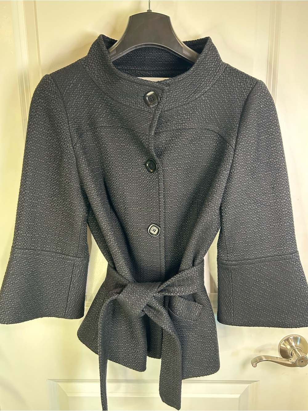 Trina Turk Black Textured Tie-Waist Trench Jacket